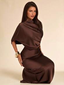 SHEIN BAE Women's Brown Asymmetrical Shoulder Mermaid Elegant Satin Dress, Autumn/Winter Layering Dress, Party, Formal Gathering, Evening Out, Wedding Cocktail Dress, Halloween Dress, Christmas Dress - Brown - View 2