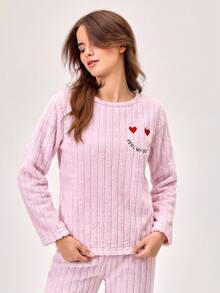 RueChic Heart And Letter Embroidered Flannel Homewear Set - Pink - View 4