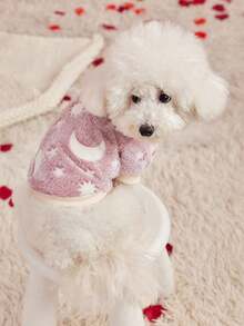 PETSIN 1 Pc Pet Pink Star & Moon Flannel Print Luminous Fleece Thick Warm Crew Neck Sweatshirt For Dogs, Autumn/Winter - Multicolor - View 10