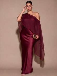 SHEIN BAE CURVE فستان نسائي أنيق طويل بكتف غير متماثل مقاس كبير - عنابي اللون - مشاهدة 7