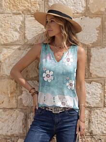 EMERY ROSE Floral Print V-Neck Sleeveless Camisole, Fashionable For Summer Vacation & Dates - Multicolor - View 1