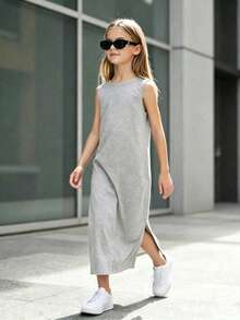 Tween Girl Solid Color Round Neck Side Slit Hem Casual Sleeveless Dress - Grey - View 4