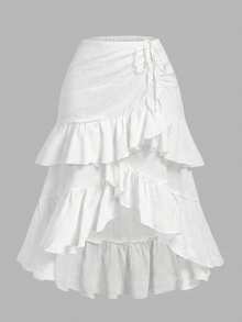 SHEIN MOD Plus Size Women Textured Fabric Layered Ruffle Drawstring Asymmetrical High-Low Skirt Summer Boho Bohemian Vacation Brunch White - White - View 3