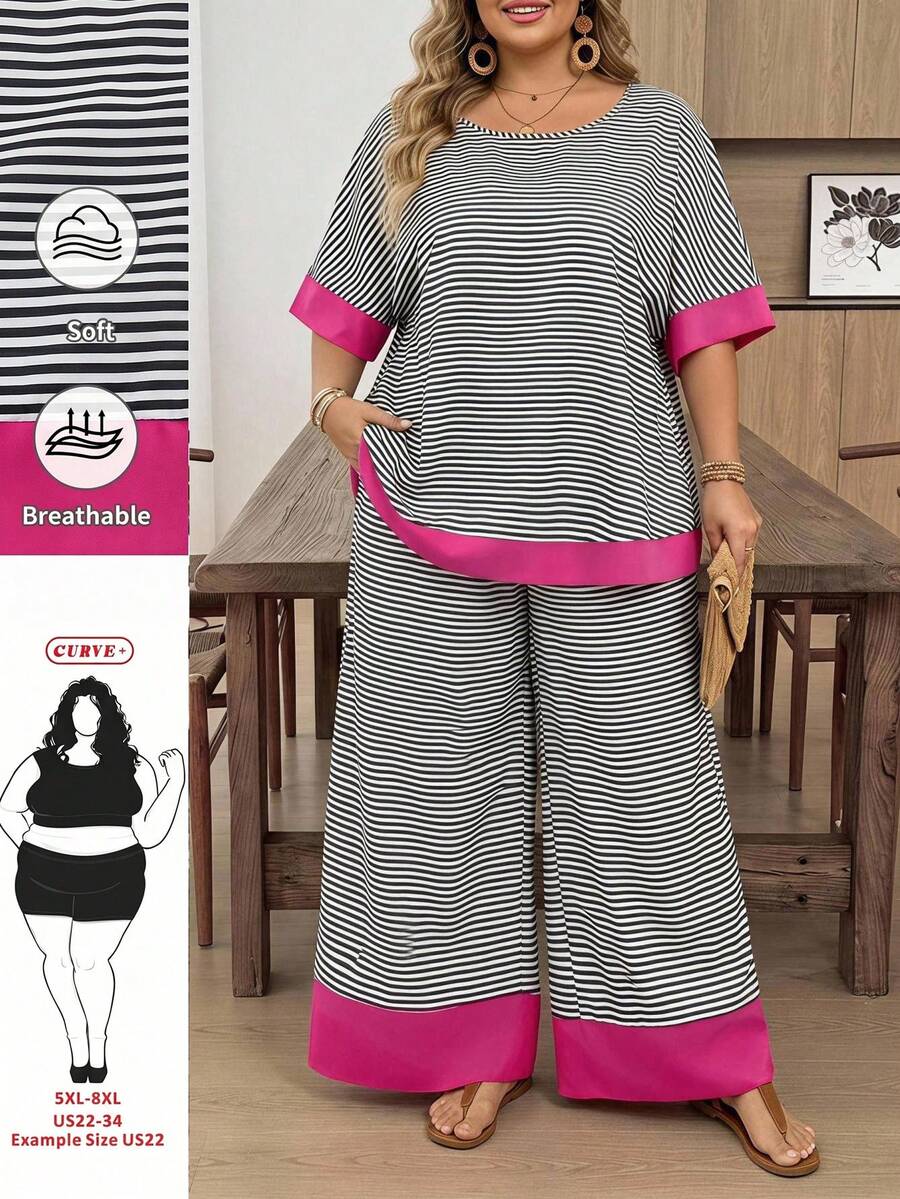 SHEIN CURVE+ Plus Size Women's Black White Striped Print Round Neck Short Sleeve Top And Pants Set,Autumn,Boho Western Cowgirl,Vacation,Retro Vibe,90s Style Office