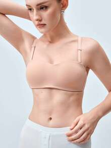 Softvol 1件女款舒適休閒無鋼圈性感柔軟輕盈半罩杯素色Bralette內衣，可調節肩帶 - 杏色 - 查看 5