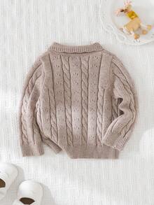 Cozy Pixies Baby Girl Solid Color Peter Pan Collar Long Sleeve Cardigan Sweater - Khaki - View 2