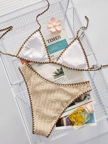SHEIN Swim Set Pakaian Renang Dua Potong Wanita Musim Panas Motif Blok Warna untuk Pantai dengan Model Halter dan Bawahan Segitiga - Khaki - View 3