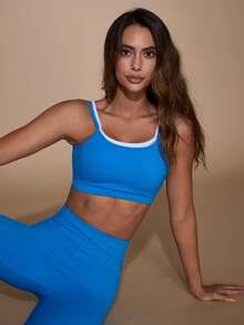 Nuvra Women's Colorblock Yoga Set, Contrast Color Backless Sports Bra With V-Shaped High Waist Tummy Control Yoga Leggings - Blue - View 1