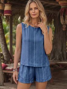 Holdful Holdful Women's Striped & Printed Round Neck Sleeveless Top And Shorts Summer Two-Piece Set - Blue - View 1