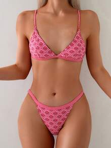 Swim Mod Bikini de dos piezas con estampado aleatorio y tirantes de espagueti para mujer, trajes de baño de playa de verano en color rosa - Rosa - Ver 4