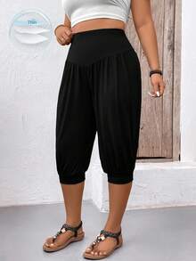 EMERY ROSE Plus Size Women's Solid Color Elastic Ankle Pants - Black - View 1