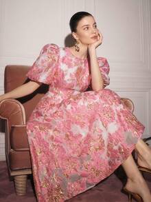 BELROSIE BELROSIE French Romantic Girl Style 3D Rose V-Neck Petal Sleeve Cinched Waist Extra Long Women's Dress - Pink - View 1