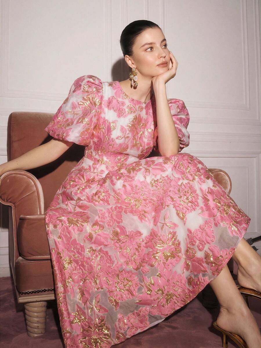 BELROSIE BELROSIE French Romantic Girl Style 3D Rose V-Neck Petal Sleeve Cinched Waist Extra Long Women's Dress - Pink - View 1