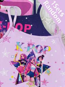 [5 Sets Random, 1 Set Sent] Tween Girls Pajamas, Summer New Fashion Cute Cartoon K-POP Girl Print Knit Ruffle Camisole Top & Allover Print Shorts 2 Piece Sleepwear Set, 1 Sets (Random Delivery) - Multicolor - View 3