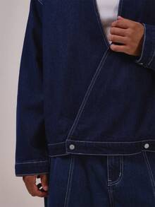 Musero Kemeja Denim Model Kimono Leher V dengan Ikatan Depan, Perlengkapan Musim Semi dan Musim Panas (Hanya Kemeja) - Biru - View 5