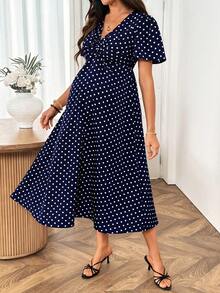 SHEIN Maternity Summer Casual Polka Dot Print Dress - Navy Blue - View 3