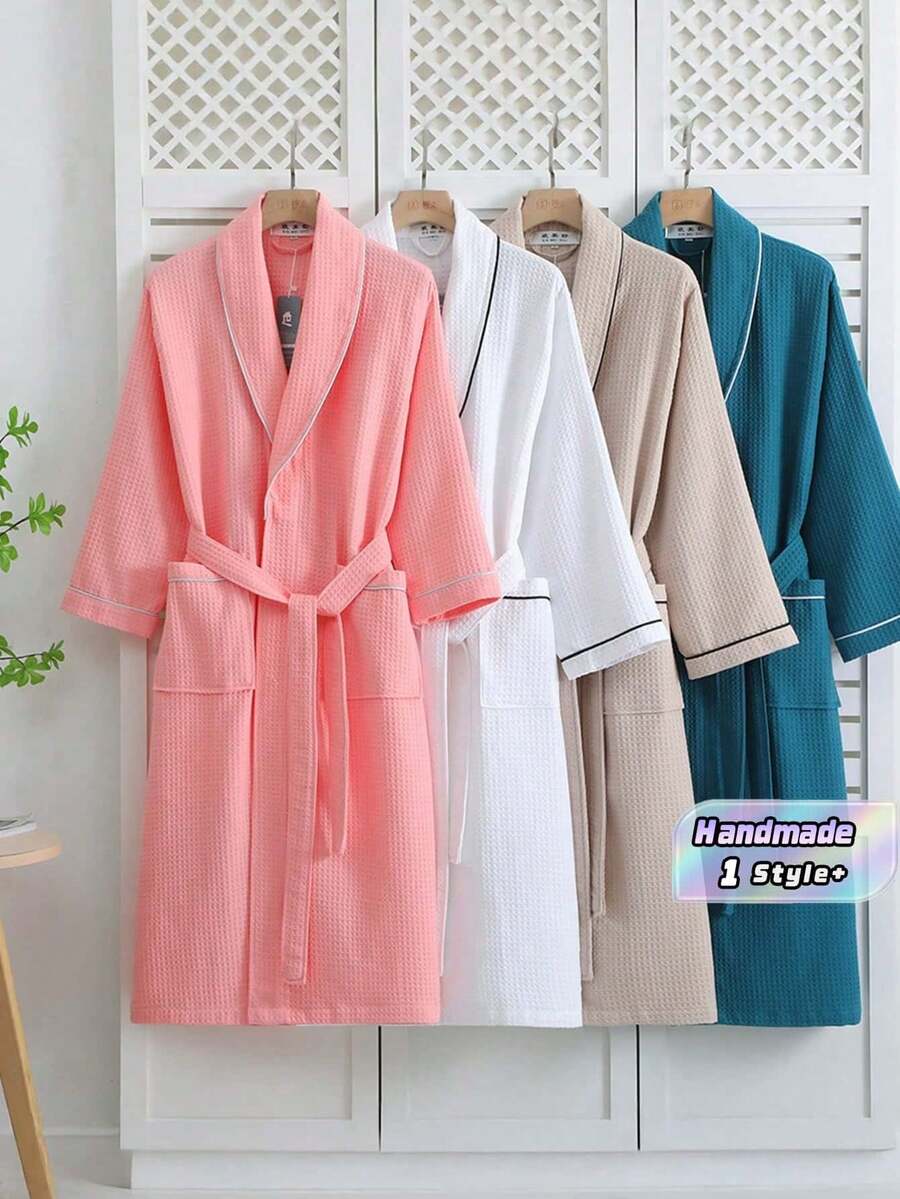 1pc Unisex Pure Cotton Waffle Bathrobe Lightweight Absorbent Quick Dry Spa Robe For Men Women Hotel Home Bathroom Summer Spring Loungewear With Belt Pockets Relaxation Gift - Multicolor New - View 1