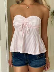 CovetEZ Women's Front Tie Striped Ruched Bandeau Top - Pink - View 5