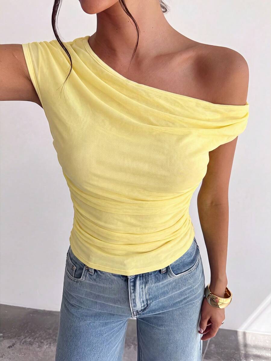 Firerie Women's Solid Color Asymmetric Neck Ruched Fitted Versatile Casual Top - Light Yellow - View 1