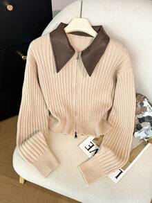 Muvela Cardigan tricoté court décontracté pour femme, vintage élégant, beige, patchwork, col, double fermeture éclair devant, automne/bureau, brunch, quotidien, rendez-vous, fête des enseignants - Kaki - Voir 6