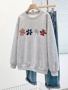 GlowEve CURVE Plus Size Grey Crew Neck Long Sleeve Thermal Lined Floral Print Sweatshirt - Grey - View 7