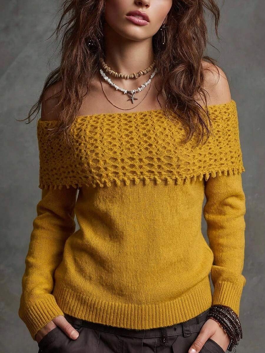 Freevana Plus Size Women's Off-Shoulder Long Sleeve Solid Color Fashion Sweater Fall - Yellow - View 1