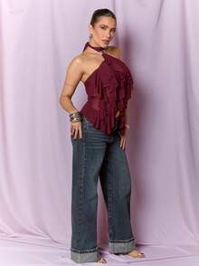 Dania Mndz Shop Women's Elegant Multi-Layer Ruffle Trim Stand Collar Fitted Tank Top Casual Summer - Burgundy - View 6