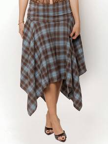Dania Mndz Shop Women's Retro Blue Plaid Cotton Midi Skirt,Asymmetrical Hem High Low Checkered Skirt,Elegant Winter Date Y2K Style,Perfect For Spring Break - Blue - View 3