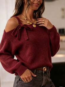 Balvessa Women's Solid Color Off-Shoulder Casual Versatile Daily Wear Long Sleeve Sweater - Burgundy - View 6