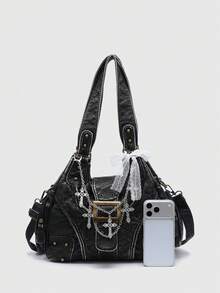 ROMWE Goth 女款復古做舊漸層十字架與愛心吊飾緞帶蝴蝶結裝飾肩背托特包，大容量多功能手提包 - 銀黑 - 查看 2