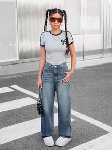 SHEIN 少女休闲百搭口袋宽松直筒牛仔裤 - 中等水洗藍 - 查看 4