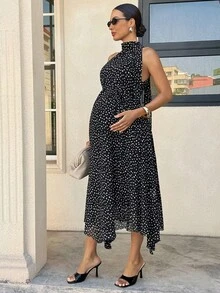 MaterniWear 優雅黑白波點孕婦洋裝，夏季掛脖式孕婦裙，不對稱下擺飄逸繫帶拍照穿搭，老錢風造型 - 黑色 - 查看 10