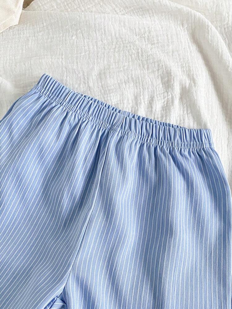 Playful Pals 2pcs/Set Boys Casual Fashion Comfortable Graphic Print Crew Neck Drop Shoulder Top And Striped Print Shorts, Suitable For Spring/Summer, Outdoor Play, Daily Wear - Blue - View 6