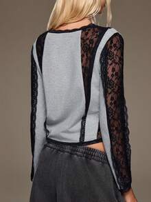 BAD SUNDAY Atasan Wanita Model Patchwork Renda, Gaya Milenium Y2K, Cocok untuk Semua Musim, Transisi Musim Gugur/Dingin - Grey - View 7