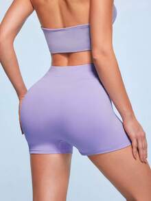 SHEIN Sovereign Charm Women's Solid Color High Waist Casual Versatile Daily Travel Sports Shorts - Purple - View 2