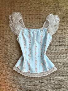 SHEIN PETITE 復古甜美風碎花蕾絲飾邊修身女式襯衫 - 藍色 - 查看 2