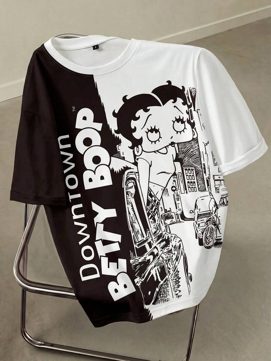 Betty Boop x SHEIN 女士休闲日常通勤时尚街头卡通人物和字母印花黑白拼接短袖T恤,夏季 - 白色 - 查看 1