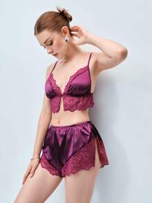 Softvol 2件組女款紫色蕾絲拼接側開衩休閒睡衣套裝，居家服套裝 - 紫色 - 查看 6