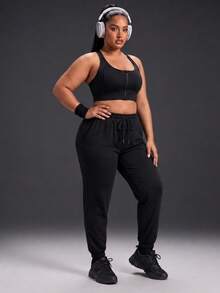 Powerista Women's Plus Size Solid Color Zipper Front Halter Neck Sports Bra  Gym Running Fitness Workout Going Out Autumn High-Support Adjustable - Black - View 9