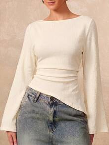 Lumalex Fall Women's Boat Neck Trumpet Sleeve Ruched Asymmetrical Ruffle Top Daily-To-Gala Versatility Quiet Luxury Meets Party Flair - Apricot - View 7