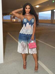 Slaydiva Damen Farbblock Spitze Patchwork Camisole Denim Top - Mittele Waschung - Übersicht 5