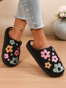 Fashionable, Cute Flower Pattern, Soft And Comfortable Home Slippers, Warm Slippers, Winter Women's Shoes - Black - View 7