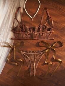 Divavoom Plus Size Women's Romantic Embroidered Sexy Lingerie Bra & Thong Panty Set, 2-Piece - Brown - View 2