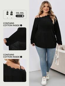 SHEIN CURVE+ Großes lässiges asymmetrisches Schulter-Spitzen-Strick-Top, vielseitiges T-Shirt für Herbst und Winter - Schwarz - Übersicht 8