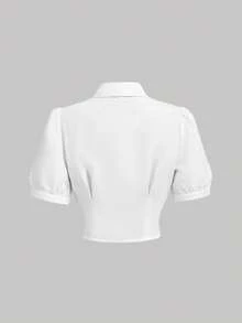 SHEIN MOD 女款短款花瓣袖單排扣短版襯衫 - 白色 - 查看 3