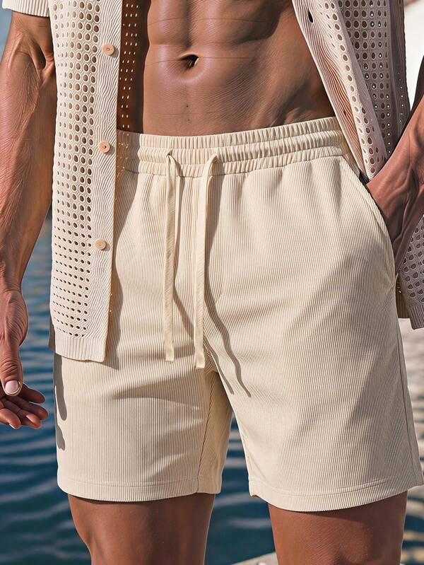 HIMLAND Pantalones cortos de hombre con cintura de cordón, bolsillos y diseño de rayas tejidas