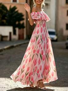 RosyDaze Summer, Elegant Party Dress, Wedding Guest Dress, Graduation Dress, Pink Dress, Women's Floral Dress, Outwear, Lace Edge Off-The-Shoulder Long Dress - Pink - View 6