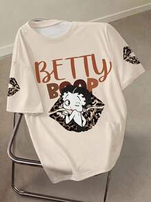 Betty Boop x SHEIN 大码字母和卡通人物印花圆领短袖T恤 - 白色 - 查看 1