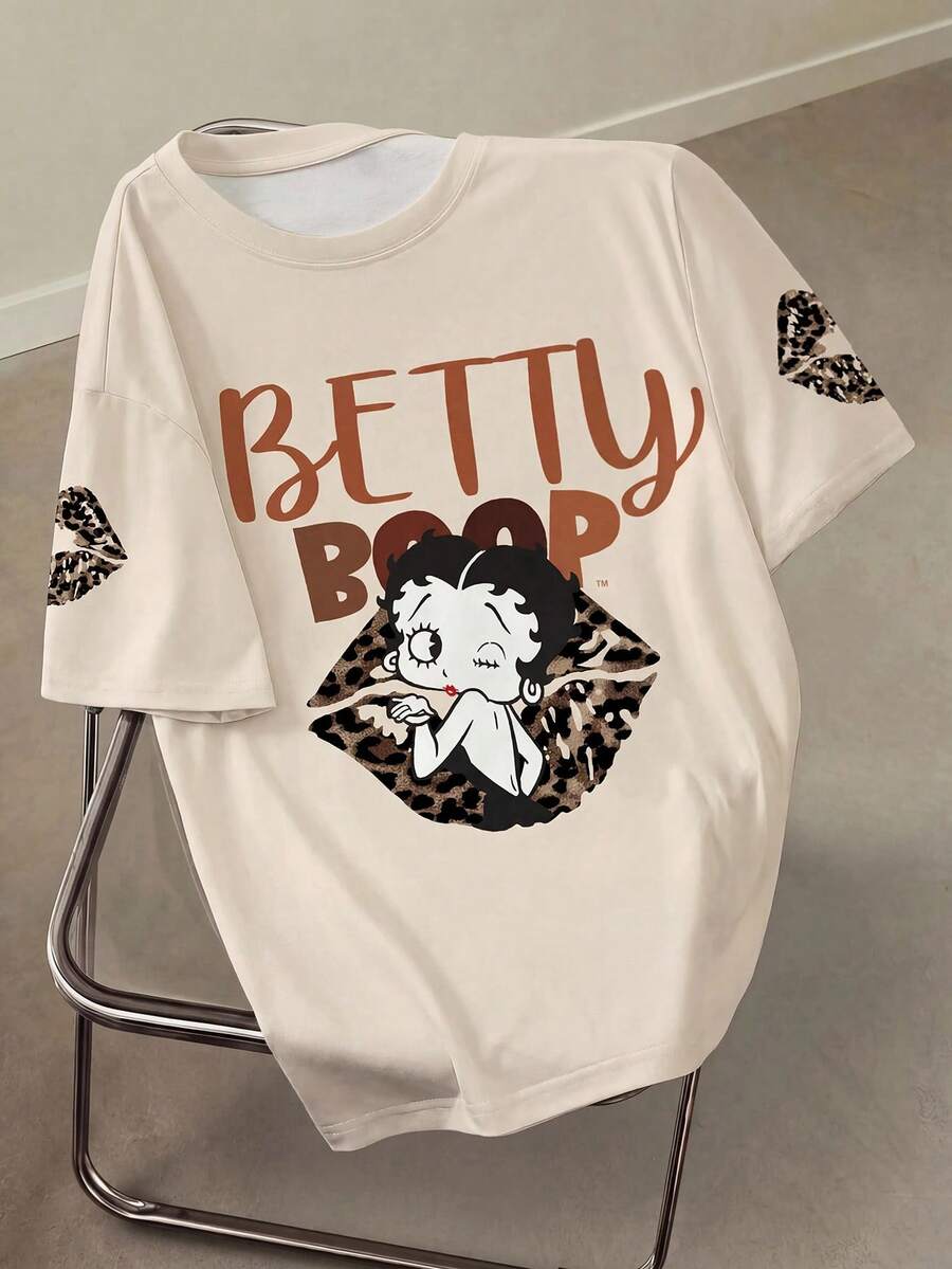 Betty Boop x SHEIN 大码字母和卡通人物印花圆领短袖T恤 - 白色 - 查看 1