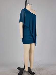 Aloruh Women's Solid Color One Shoulder Casual Party Mini Dress - Teal Blue - View 11